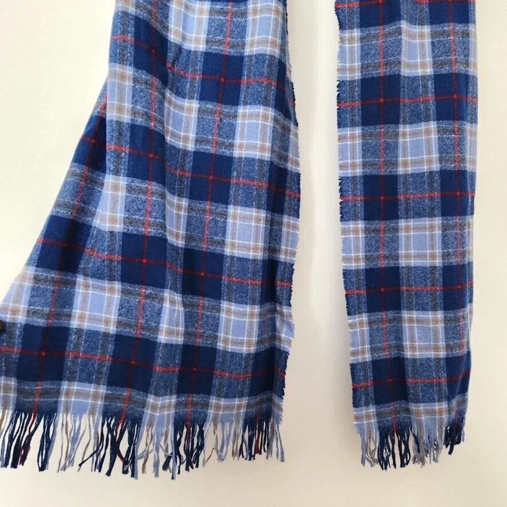 Vtg 90s Tartan Plaid Scarf Blue Red Yellow Fringe 12 x 60 Rectangle Cozy‎ Winter